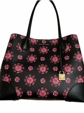 MICHAEL KORS Black/Ultra Pink Floral Mercer Corner Studio Top Zip Tote